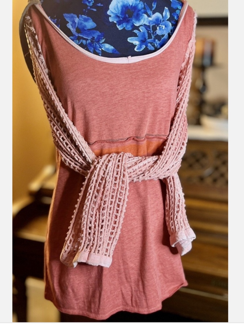 We The Free Rose-Red Open Weave Long Sleeve Top
